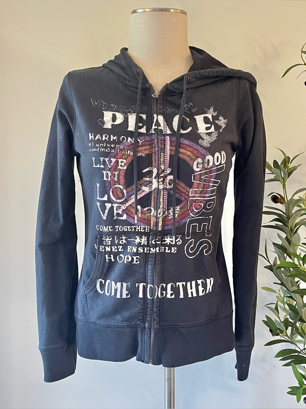 Y2K Lucky brand Peace Come Together Graphic Zip-Up Hoodie